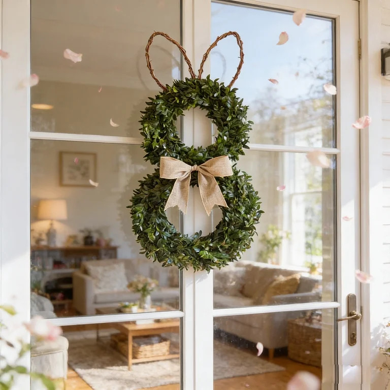 Easter Bunny-Shaped Wreath with Green Leaves & Bow, Festive Rabbit Ear Wreath, Front Door Window ... | Walmart (US)