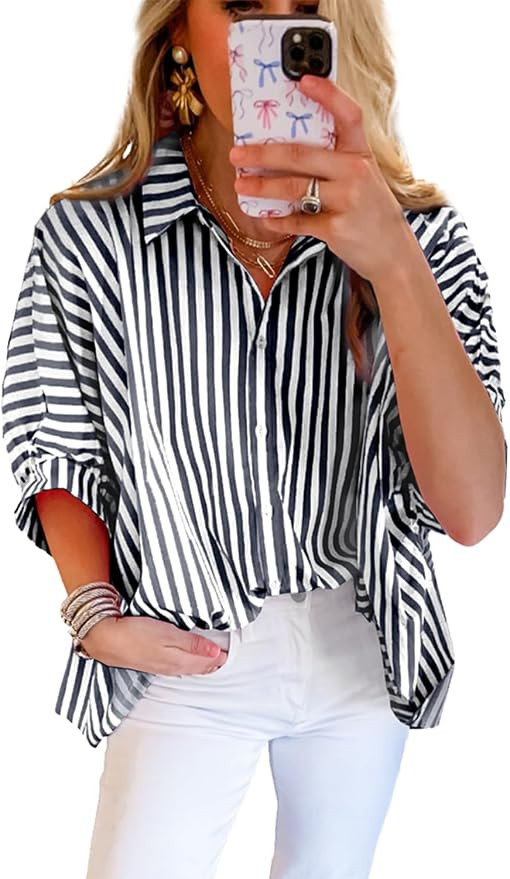 Women 2025 Summer Stripe Dolman Sleeve V Neck Oversize Shirt Tops Casual Button Up Short Sleeve S... | Amazon (US)