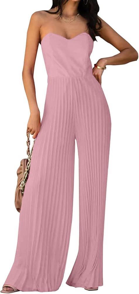 PRETTYGARDEN Women's Summer 2023 Sleeveless Jumpsuit Elegant Sweetheart Neck Pleated Wide Leg Pants  | Amazon (US)