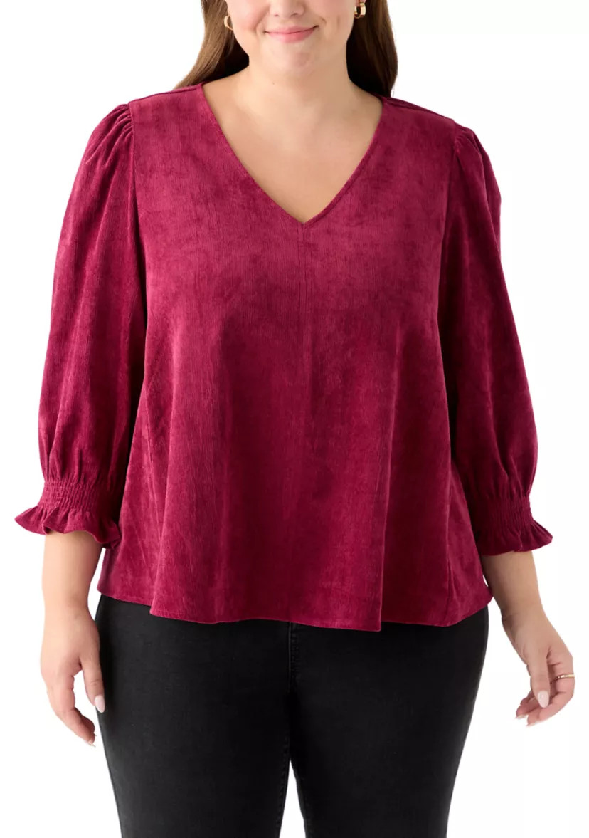 Plus Size Smock Sleeve A-Line Woven Cord Top | Belk