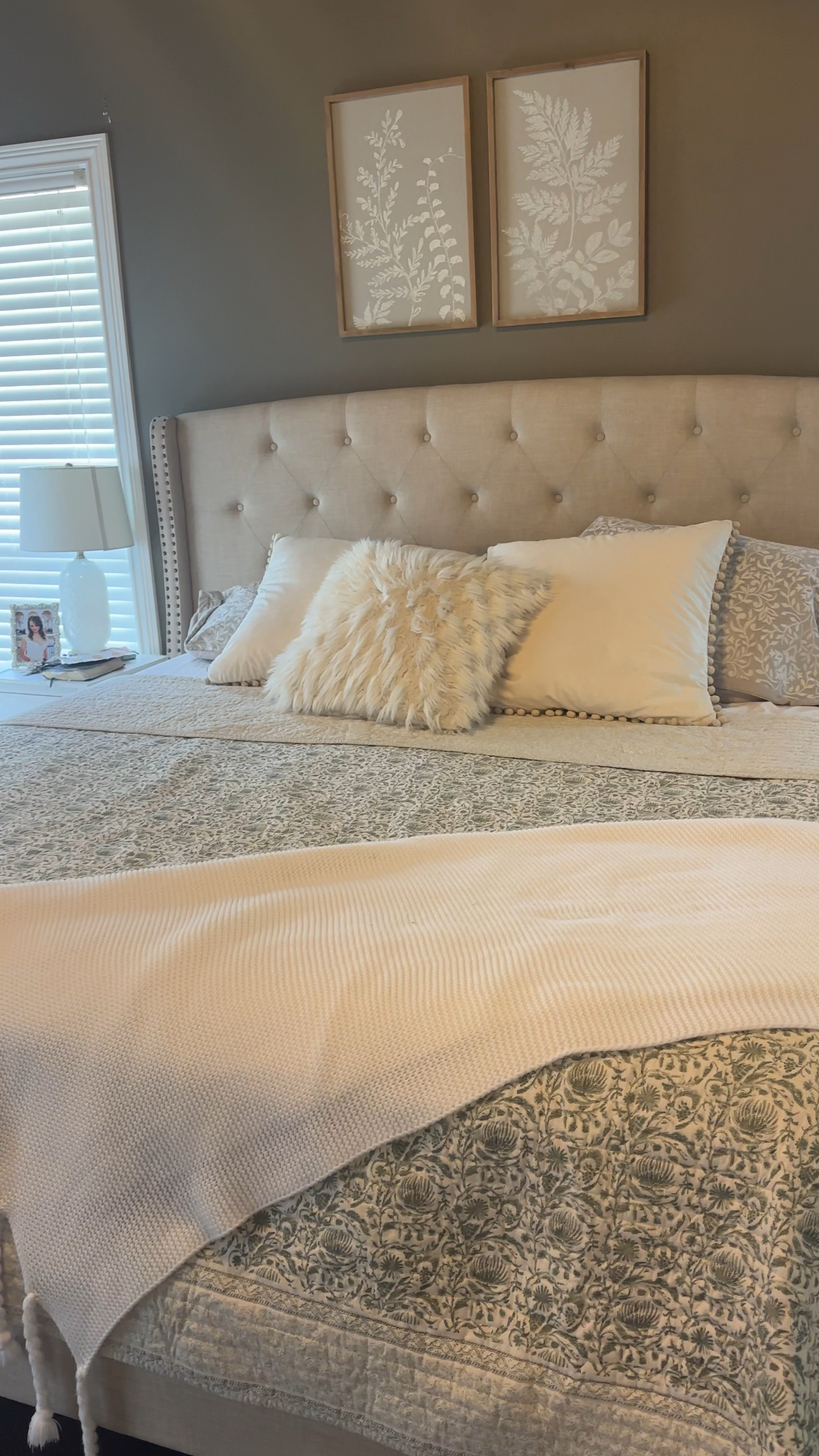 New bedding for our king size bed! Linking our tufted headboard from amazon, quilt from Target & throw pillows below! 

Botanical quilt, Home decor, primary bedroom, master bedroom, comforter, Amazon home finds, throw blanket, white & gold lamps, fur pillow, lightweight comforter. Target home decor. Wayfair pillow. 

#LTKunder100 #LTKSeasonal #LTKhome