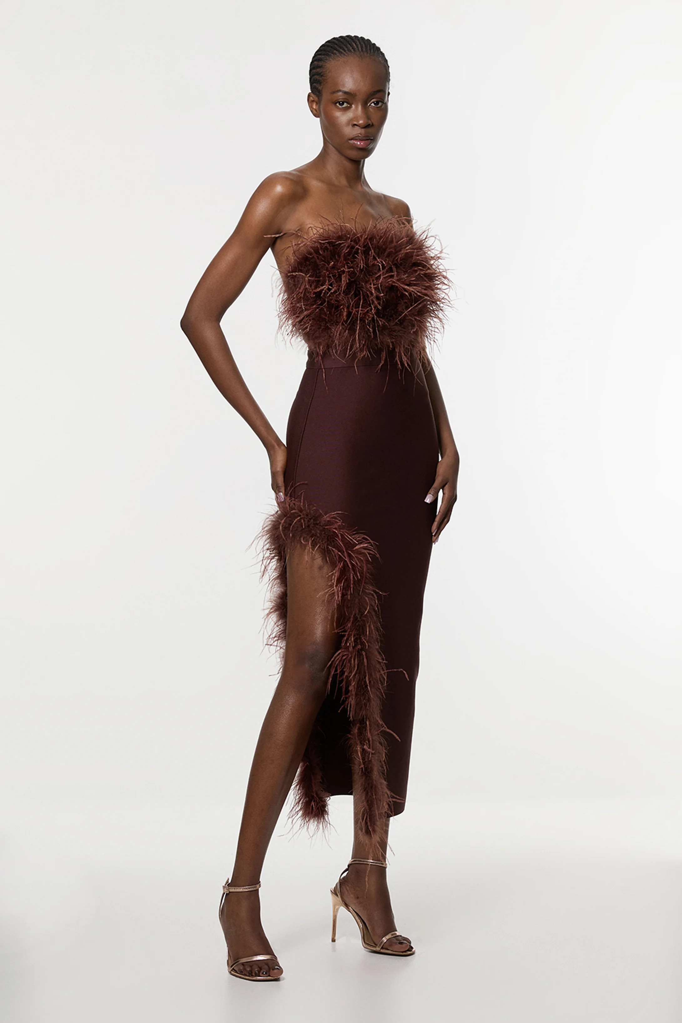 Figure Form Bandage Feather Detail Bandeau Knit Midi Dress | Karen Millen UK + IE + DE + NL