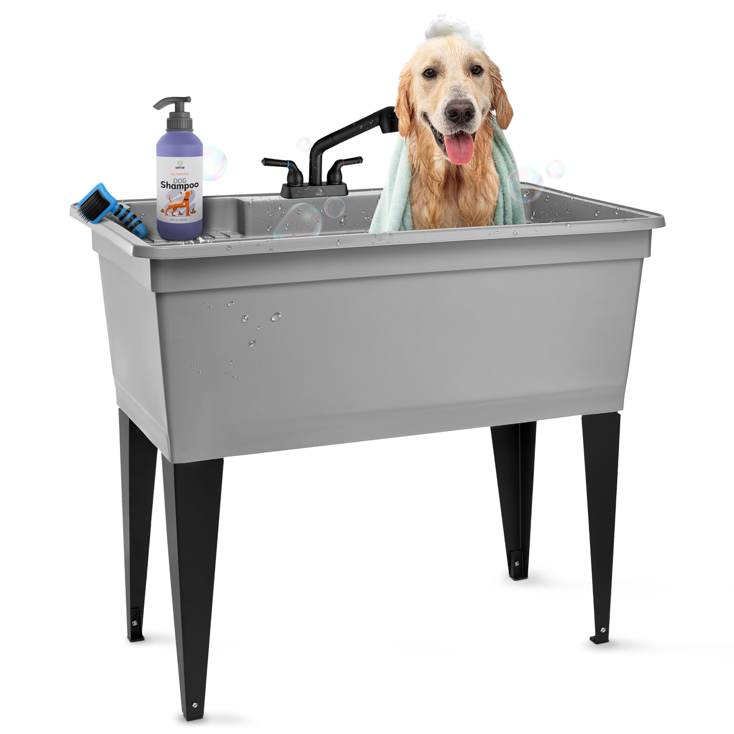Tehila Freestanding Double-Wide Utility Sink with Steel Legs & Black Pull-Out Faucet, Multi-Purpo... | Amazon (US)