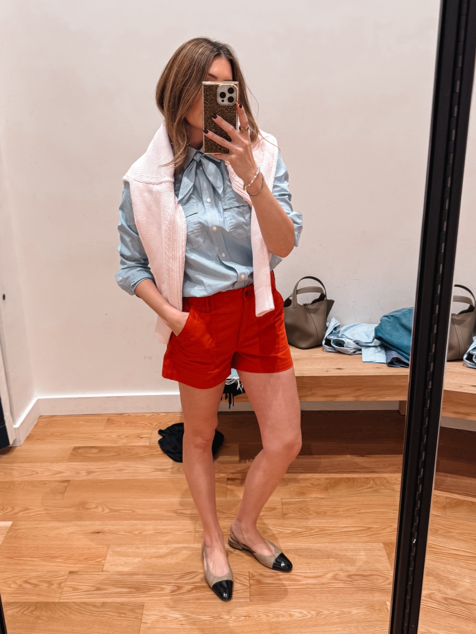 8 in shirt, small in sweater, 27 in shorts 

@jcrew 