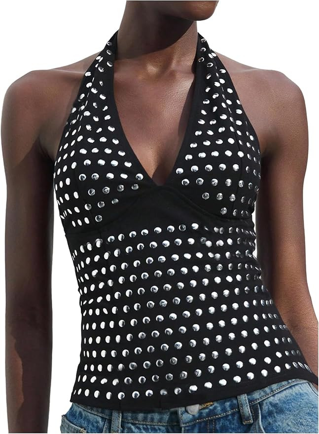 MakeMeChic Women's Backless Halter Tops Rave Deep V Neck Rivet Party Going Out Tank Tops | Amazon (US)