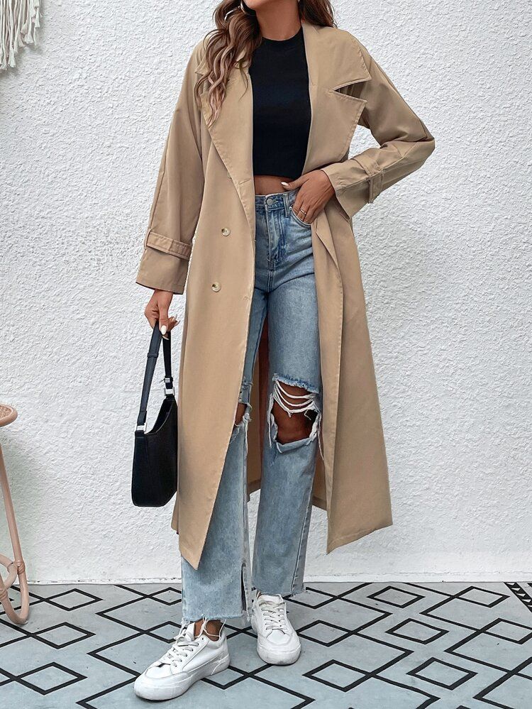 Raglan Sleeve Double Breasted Belted Trench Coat | SHEIN