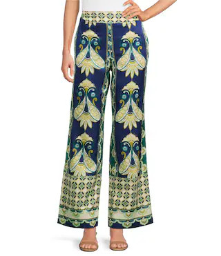 Gianna Coordinating Cabana Foulard Printed Silk Blend High Rise Straight Leg Pants | Dillard's