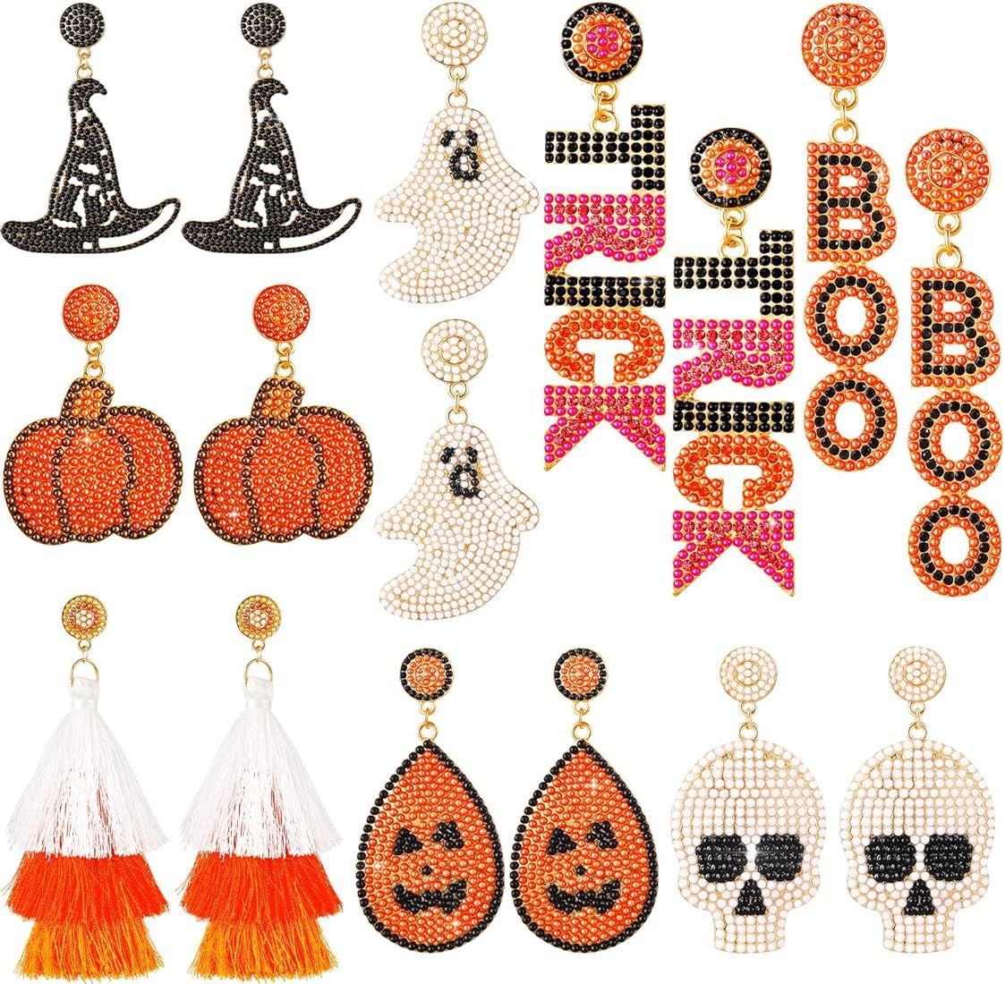 8 Pairs Halloween Beaded Earrings Spooky Ghost Pumpkin Witch Hat Skull Boo Bead Dangle Earrings H... | Amazon (US)