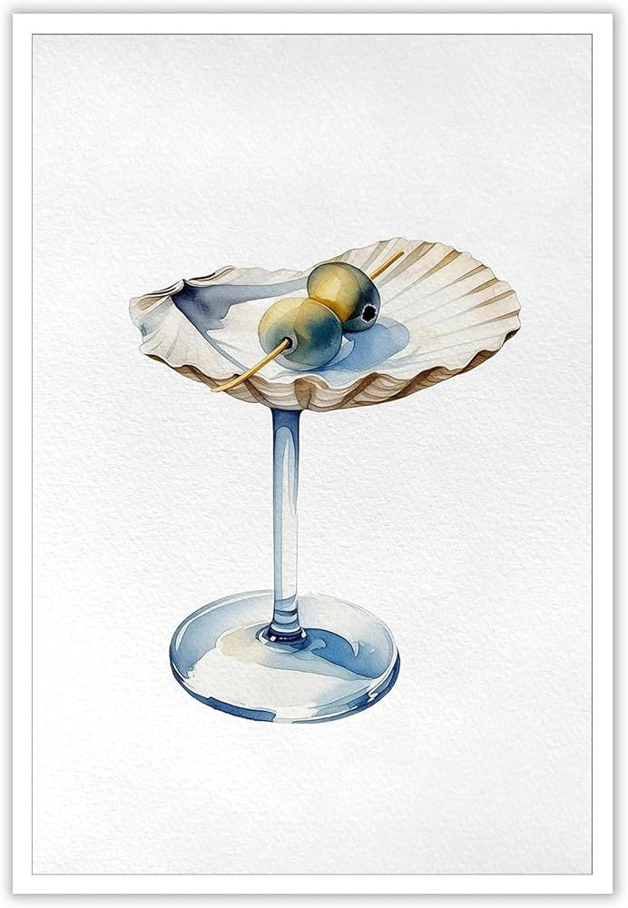 Martini Seashell Olives Stirring Cocktail Posters Trendy Blue Coastal Canvas Wall Art Summer Coas... | Amazon (US)