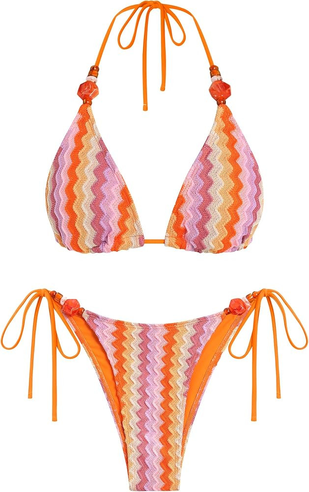 ZAFUL Women's Bikini Sets Beads Triangle Swimsuits 2 Piece String High Cut Cheeky Bathing Suits | Amazon (US)