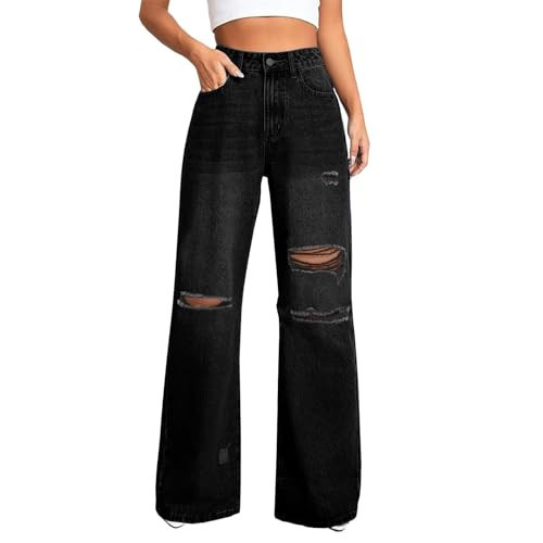 DLAYBGFA Distressed Wide Leg Jeans for Women High Waisted Loose Ripped Boyfriend Jeans Y2K Stretch Denim Jean Pants(Black,XL) | Amazon (US)