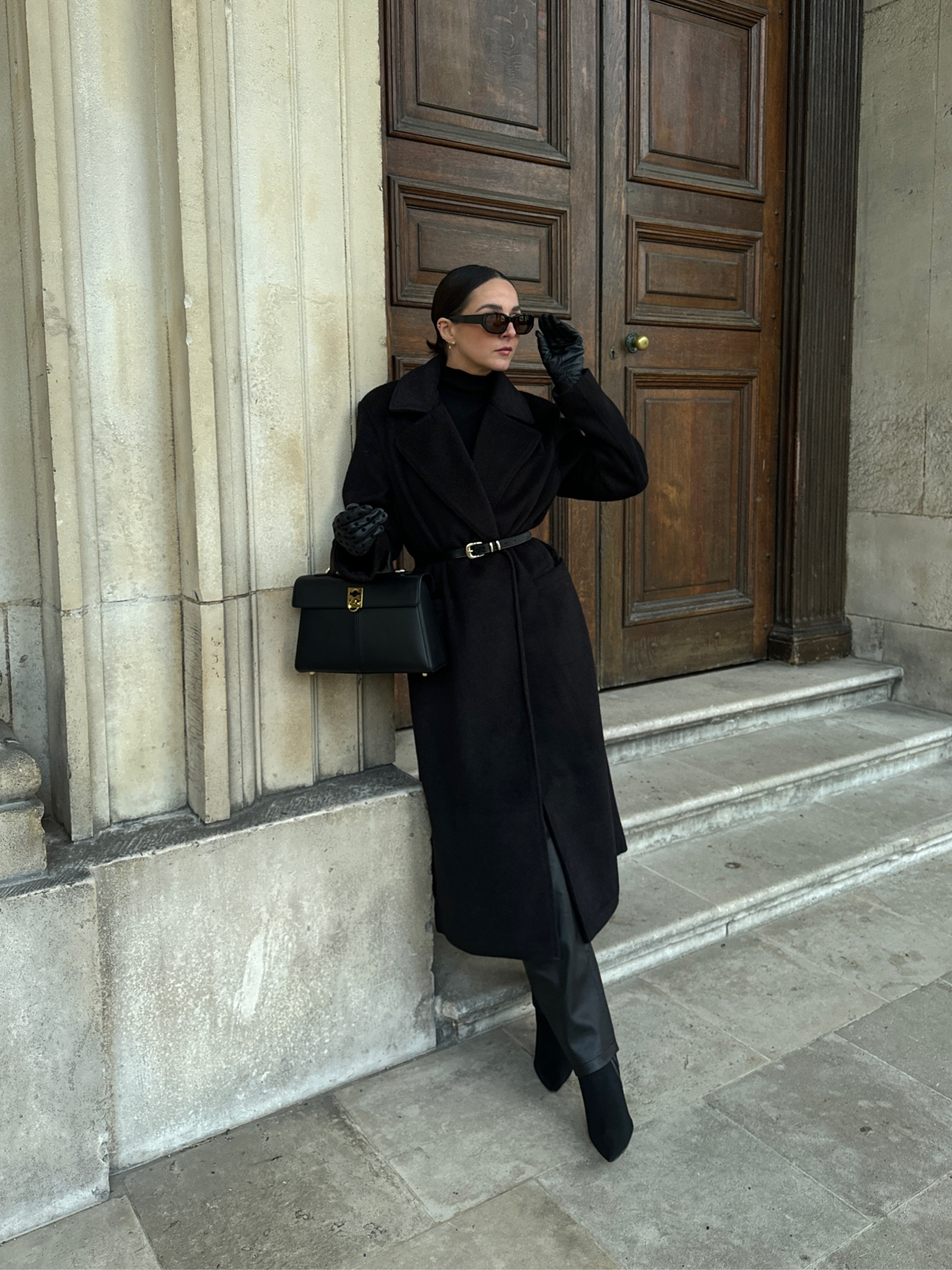 All black outfit, black coat, faux leather trousers, winter outfit, chic style, neutral outfit, River Island, Pretty Lavish, Sezane 

#LTKeurope #LTKstyletip