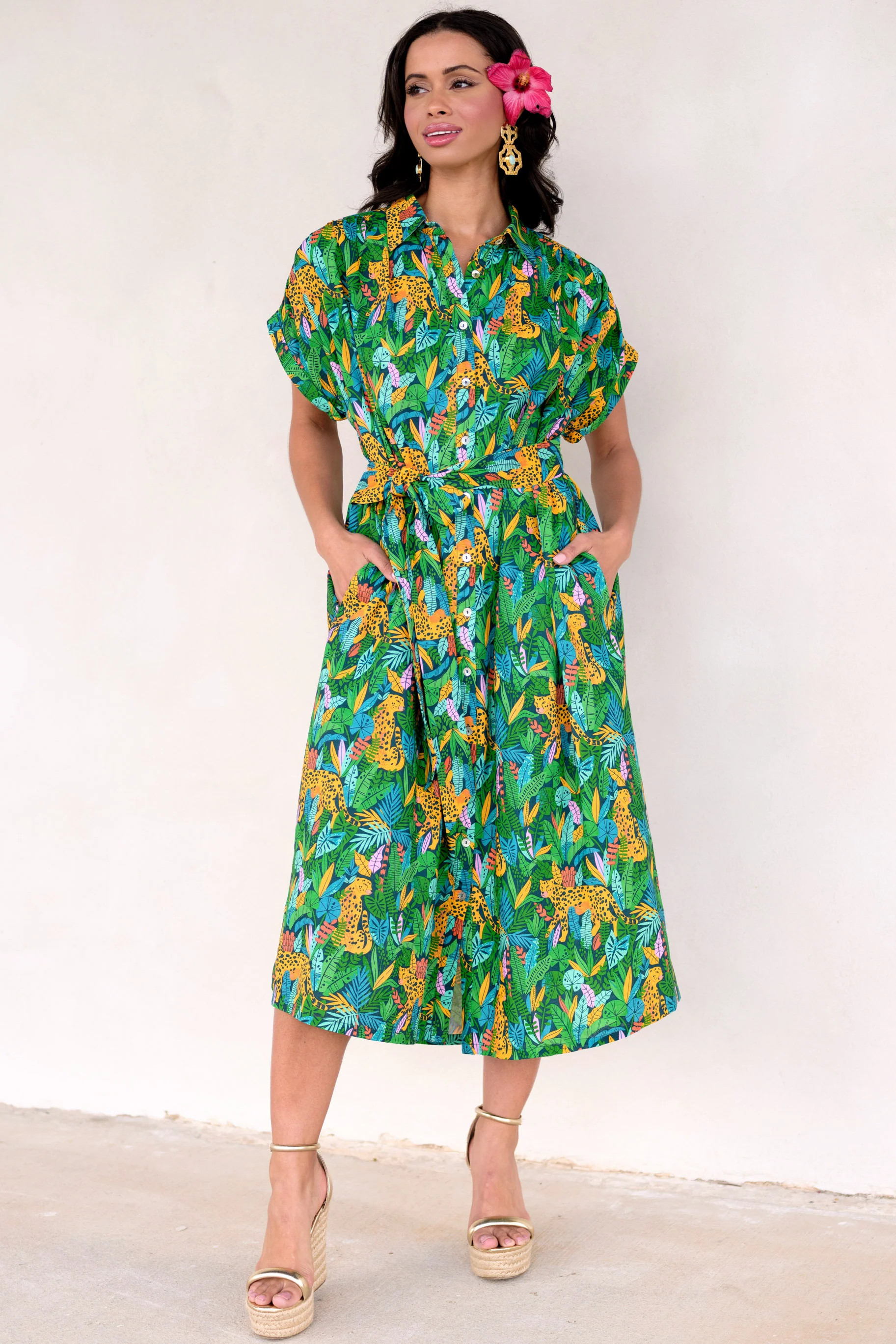 Out Of The Woods Green Print Midi Dress | Red Dress 