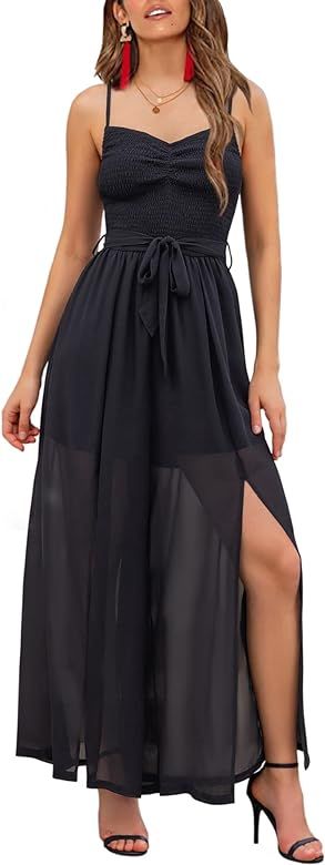 EXLURA Women's Sleeveless Belted Smocked Maxi Dress Rompers Spaghetti Strap Wide Leg Slit Casual ... | Amazon (US)