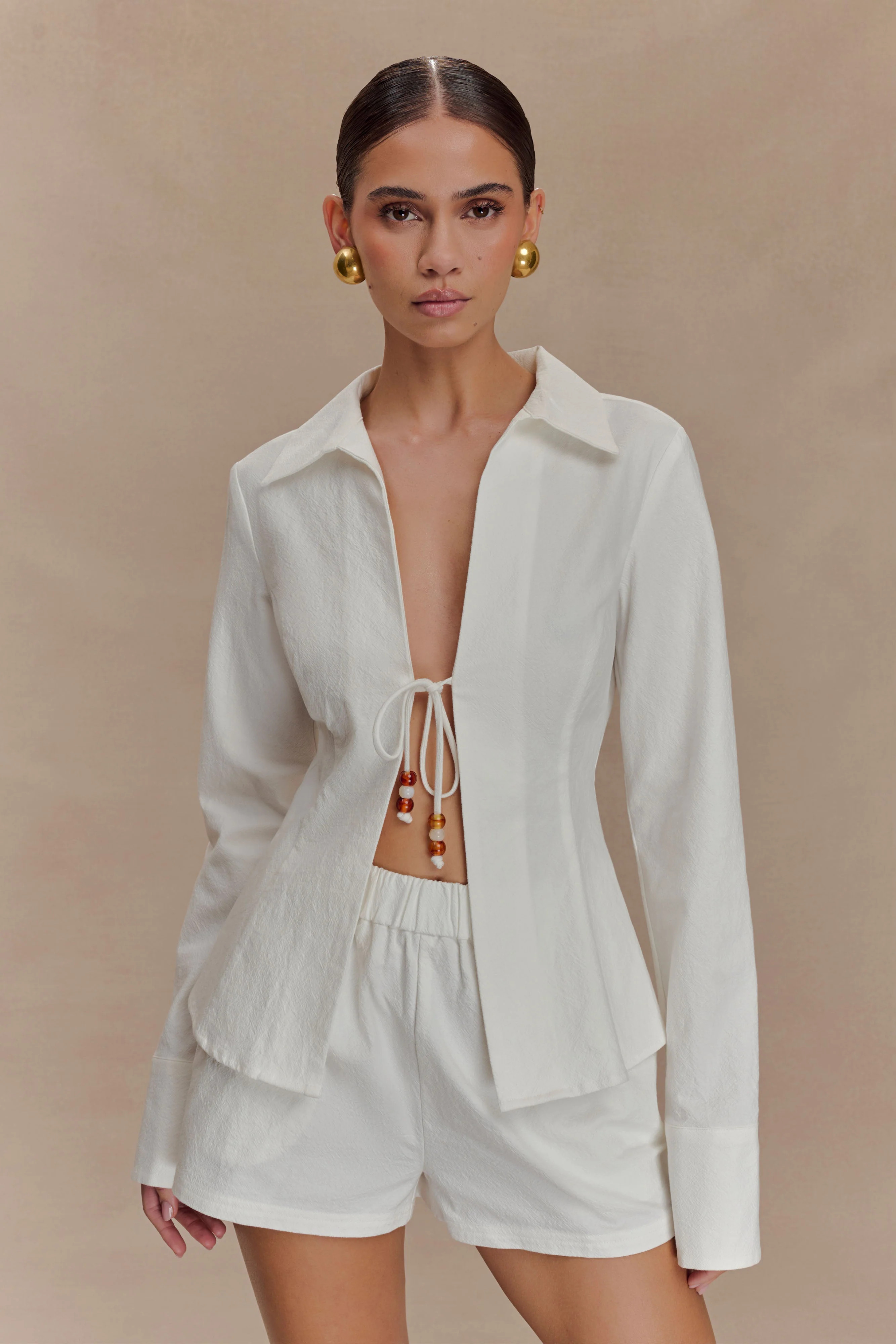 Annalee Cotton Beaded Tie Shirt - White | MESHKI US