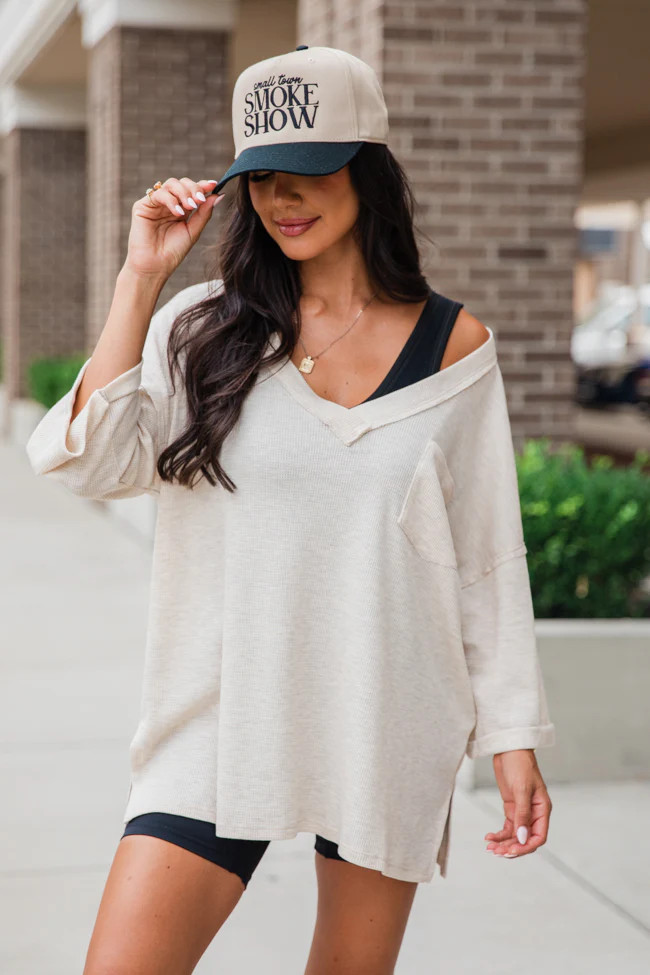 It's Our Time Oatmeal Oversized Pocketed Waffle Tee | Pink Lily