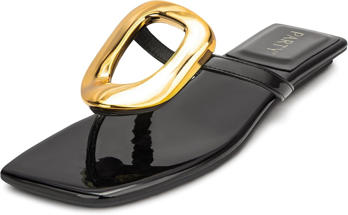 PARTY Square Toe Flip Flops Women,Fashion Designer Thong Sandals with Gold Buckle Trendy Summer C... | Amazon (US)