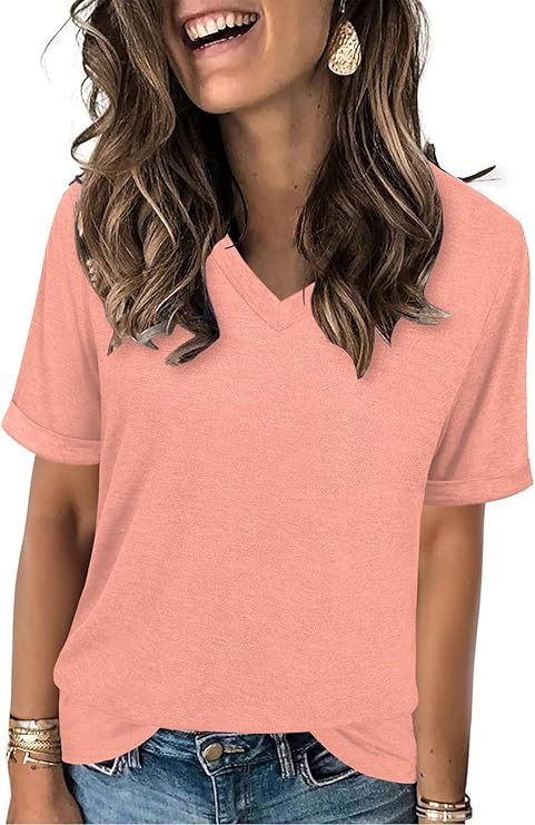 Women's T Shirts V-Neck 2025 Fashion Spring Summer Casual Women Tops Trendy Cute Fit Tee S-XXL | Amazon (US)