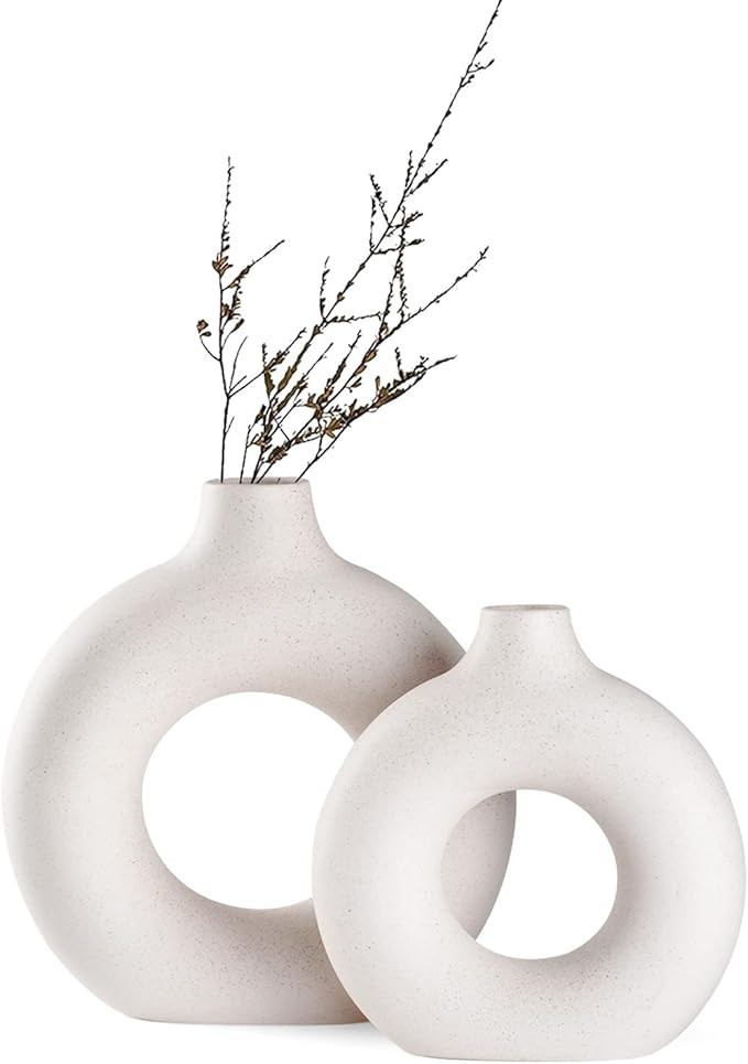 White Ceramic Donut Vase Set of 2, Hollow Matte Pampas Flower Vases for Boho Home Wedding Party R... | Amazon (US)