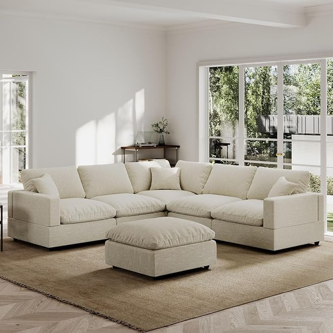 Modern Sectional Linen Couch for Living Room V-Shape Sofas,6 Seat Modular Cloud Sofas with Ottoma... | Amazon (US)