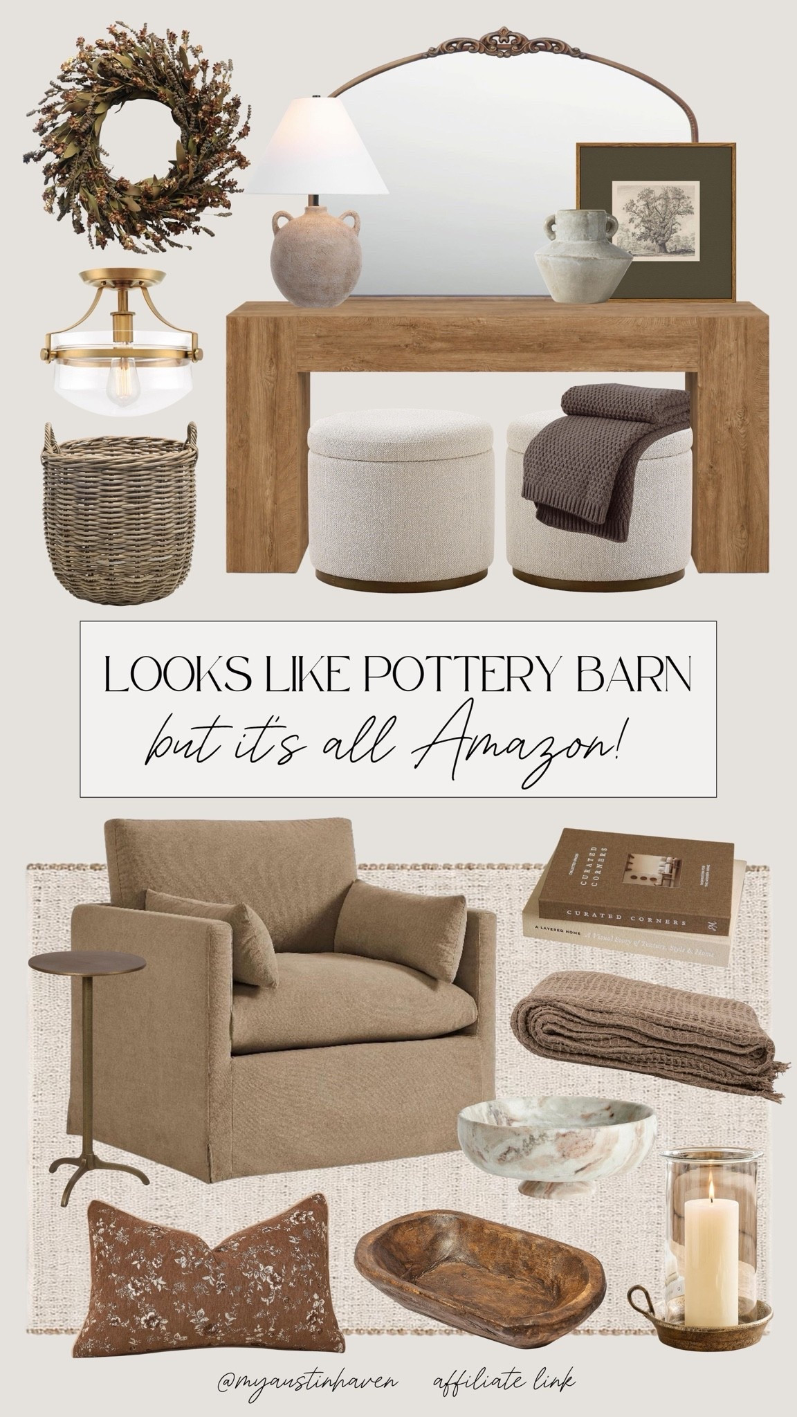 These Amazon home finds bring in warm wood tones, cozy texture and collected details for an elevated space without the designer price tag. 🤎 

Amazon home finds, Pottery Barn inspired, designer look for less, warm neutral decor, cozy home accents, organic modern home, traditional home decor, entryway styling, console table decor, vintage inspired mirror, accent chair, neutral rug, textured throw blanket, fall home refresh, affordable home decor