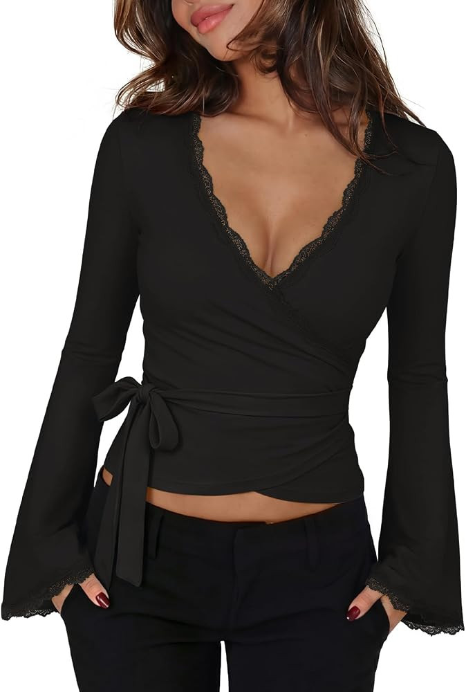 PINKMSTYLE Sexy Going Out Lace Wrap Tops for Women Bell Long Sleeve Top | Amazon (US)