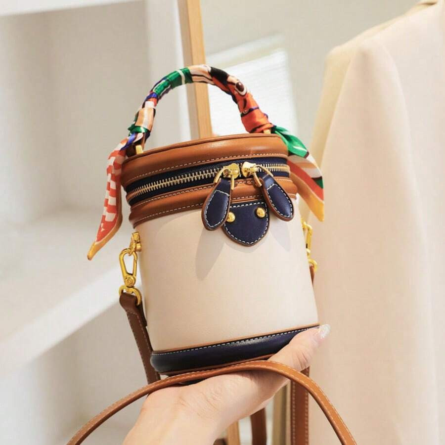 LocalColor Block Cylinder Bucket Bag, Silk Scarf Handle Purse, Everyday Work Travel Casual Should... | SHEIN