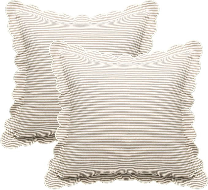 Newwiee Beige 2 Pack Scalloped Pillow Cover 18 x 18 Inch Stripe Throw Pillow Cover Cotton Decorat... | Amazon (US)