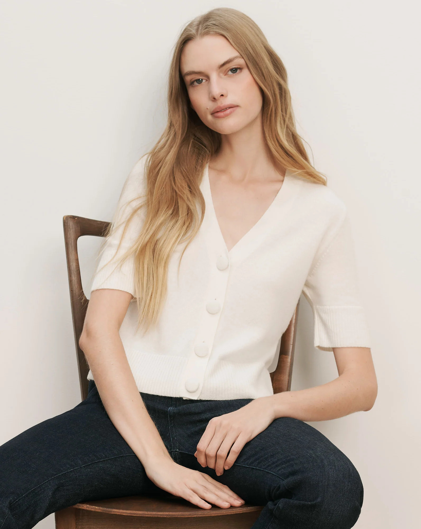 Solene Short-Sleeve Cashmere Cardigan in Ivory | Veronica Beard | Veronica Beard