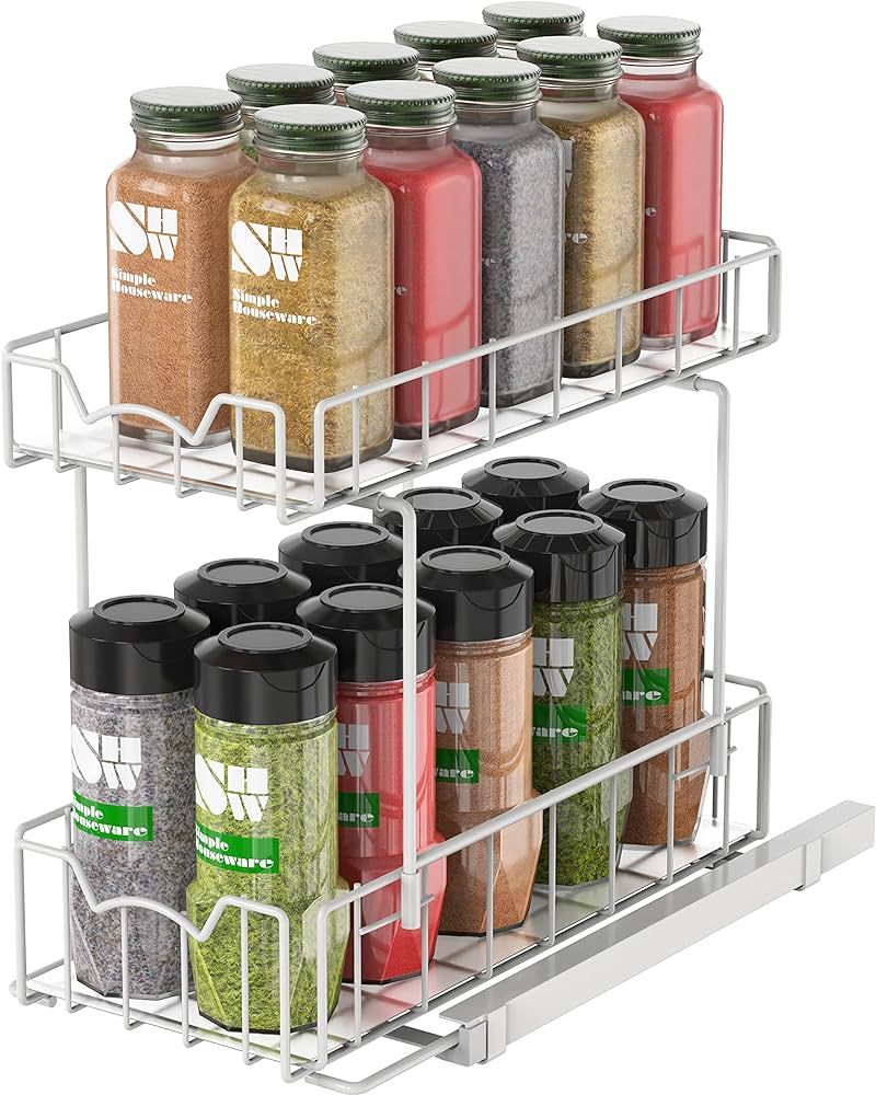 Simple Houseware 2-Tier Spice Rack Slide Out Wire Basket Drawer Organizer, White | Amazon (US)