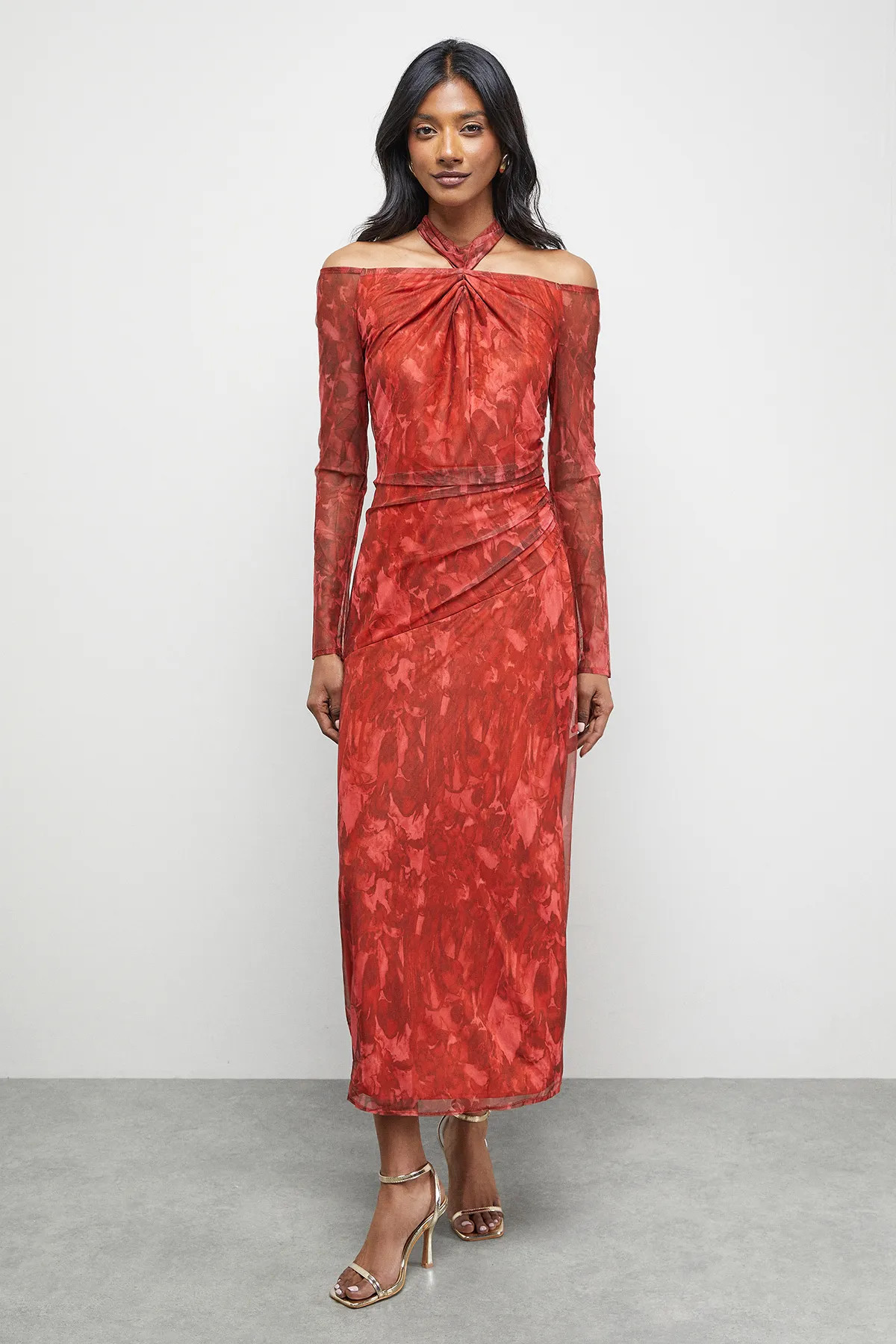 Print Twist Mesh Midi Dress | boohoo (US & Canada)