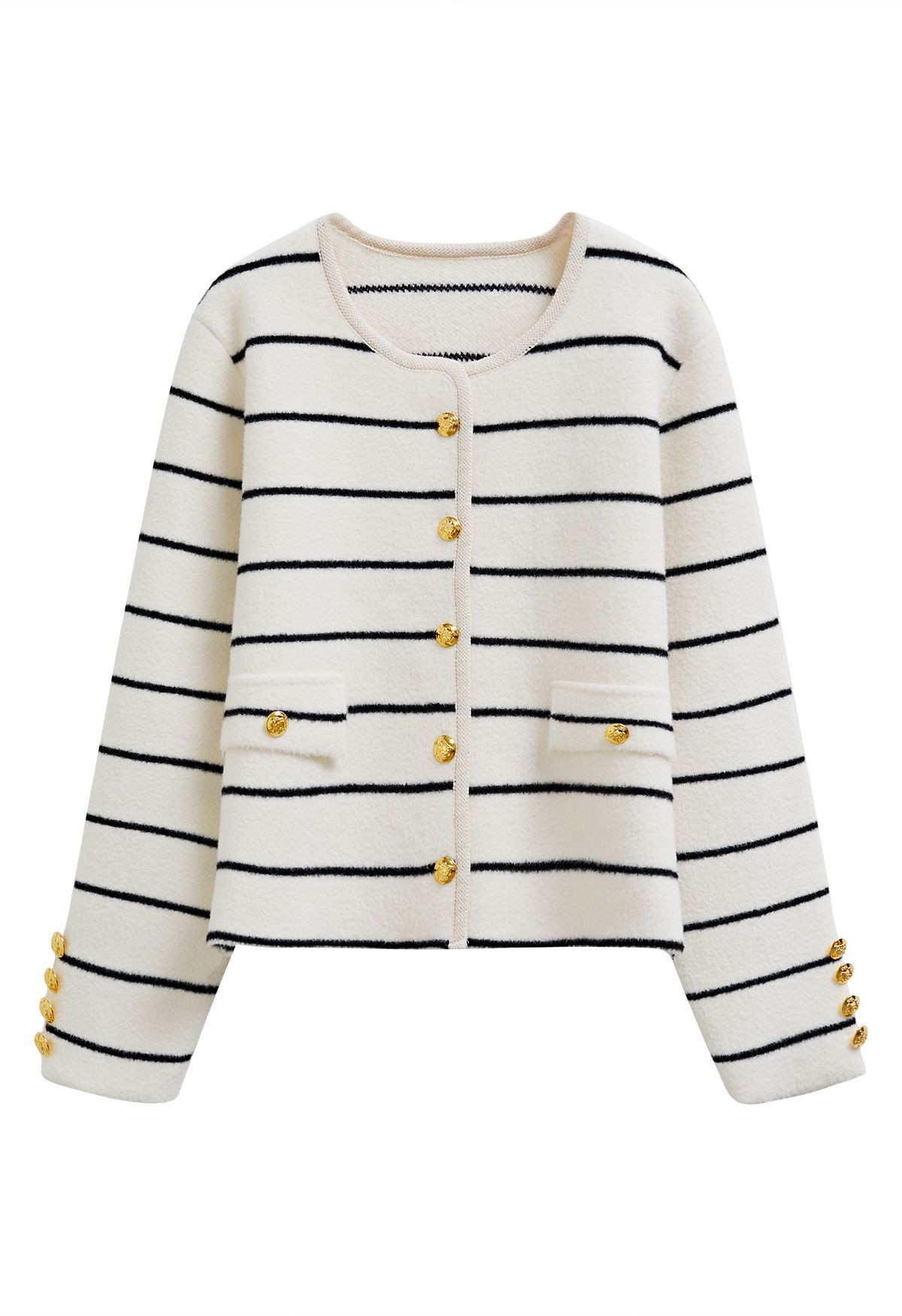 Contrast Stripes Button Down Cardigan in Ivory | Chicwish