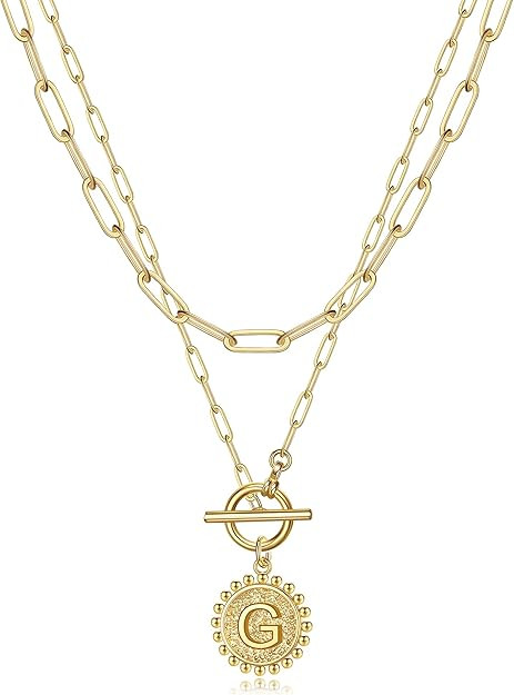 Gold Layered Initial Necklaces for Women, 14K Gold Plated Dainty Layering Paperclip Link Chain Ne... | Amazon (US)