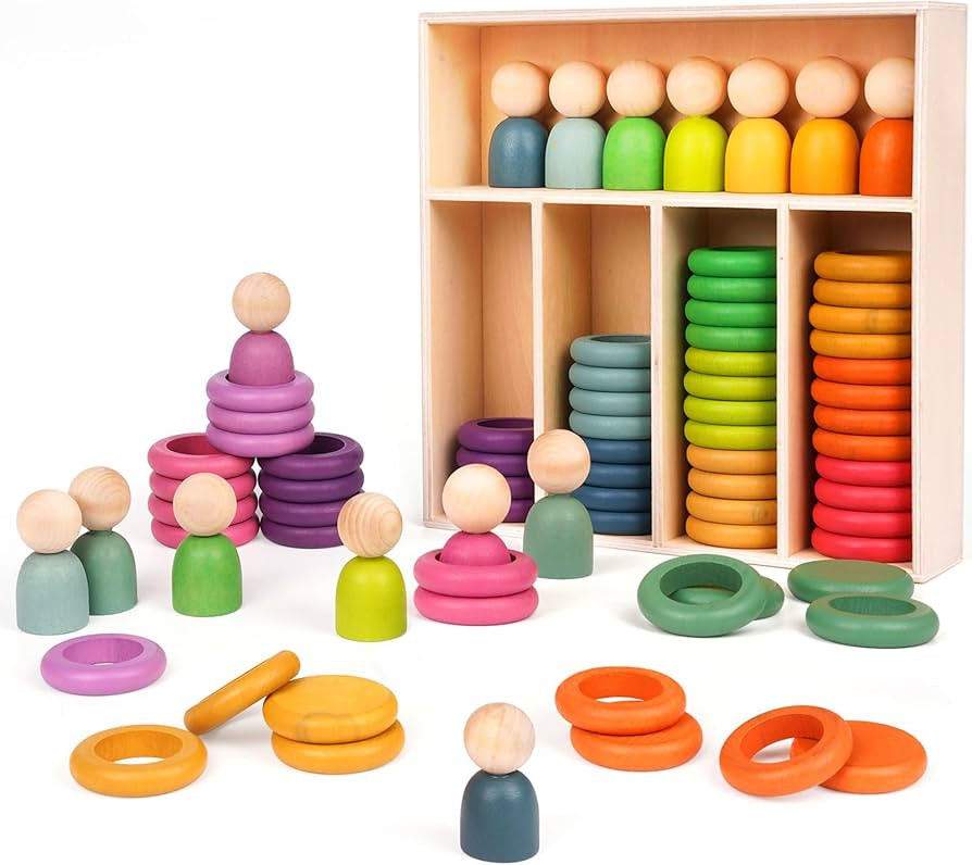 Montessori Toys Wooden Color Sorting Stacking Rings Toy Rainbow Wooden Peg Dolls Counting Toys Ci... | Amazon (US)