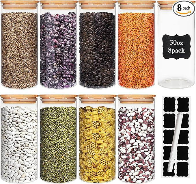 Glass Food Storage Containers Jars with Airtight Bamboo Lid 30 oz 8 pcs, 890 ml Pantry Organizati... | Amazon (US)