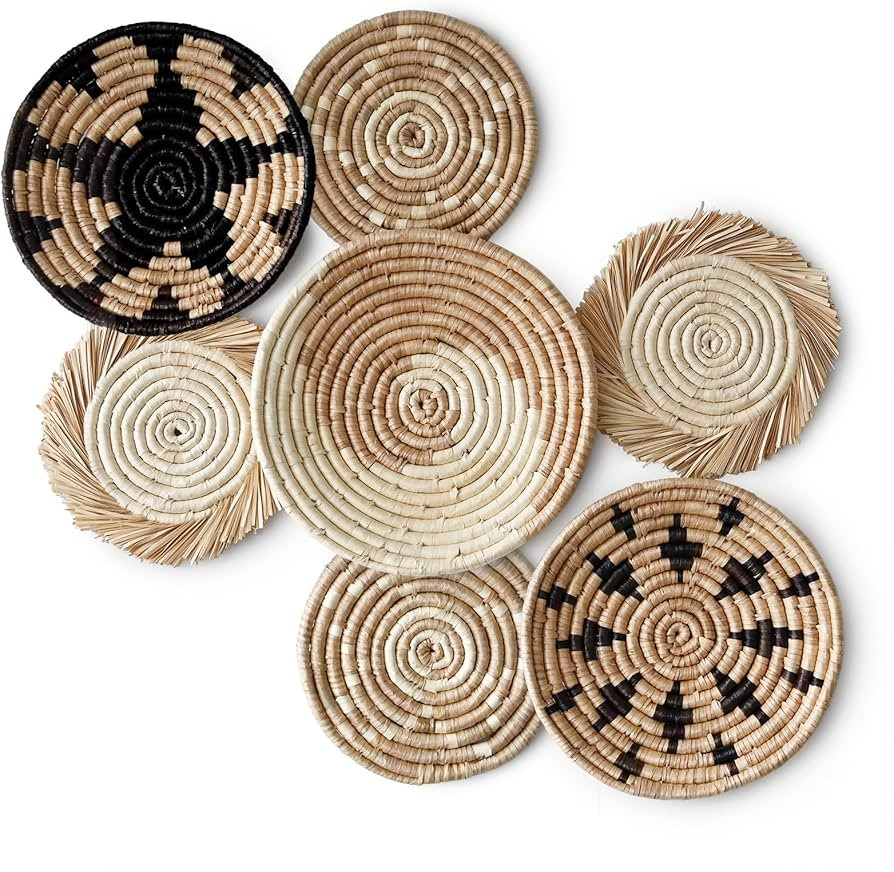 Hanging Woven Wall Basket Decor - Wicker Wall Baskets Decor Boho Flat set of 7 – Boho Wall Deco... | Amazon (US)