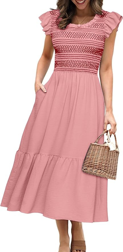 Simplee Womens Summer Midi Dress Casual Boho Smocked Waist Flutter Sleeve A Line Flowy Tiered Dre... | Amazon (US)