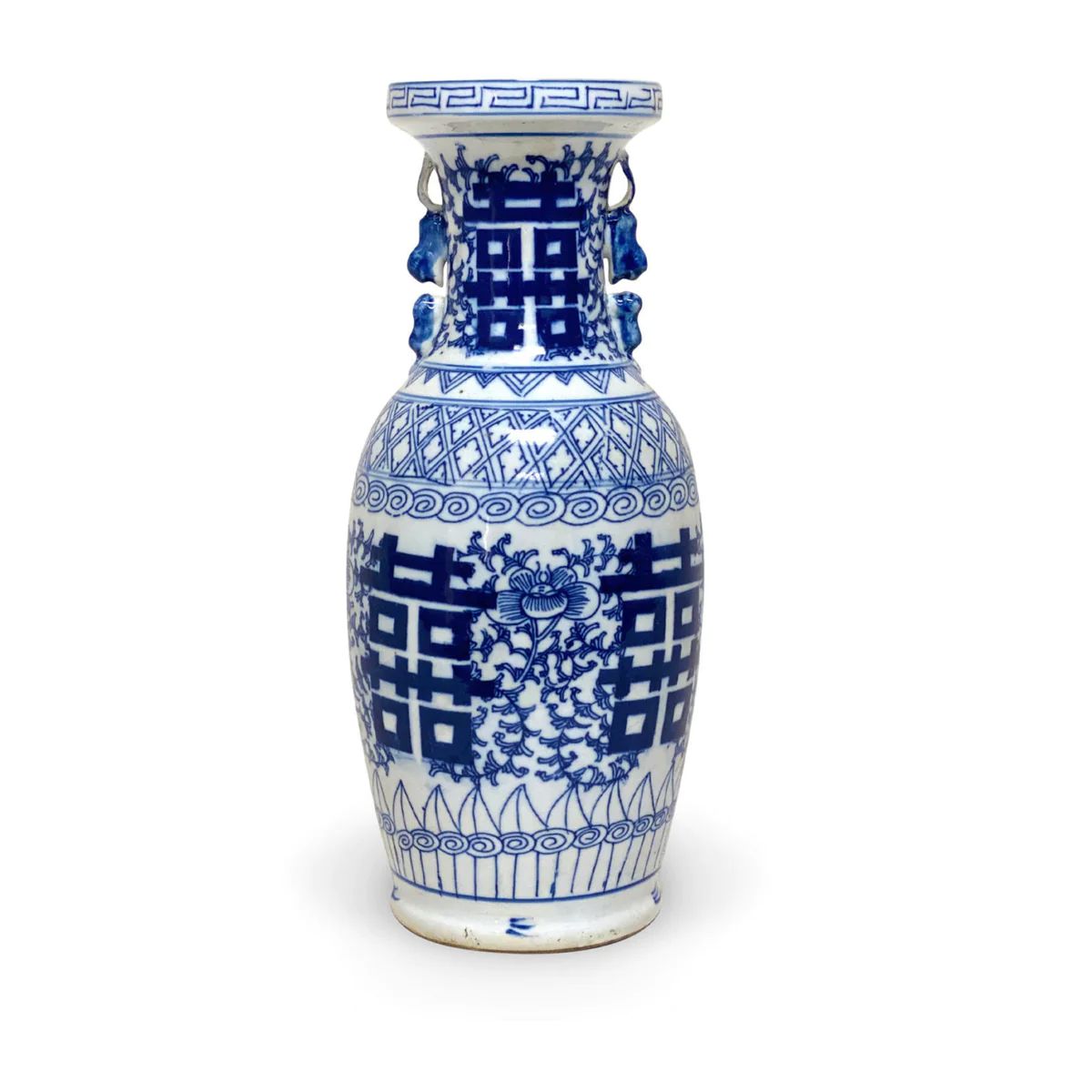 Blue and White Porcelain Double Happiness Vase with Foo Dog Accents | The Well Appointed House, LLC
