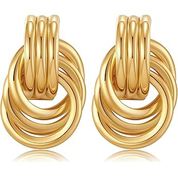 Chunky Gold Earrings for Women Knot Link Circle Statement Drop Dangle Classic Earrings Studs Tren... | Amazon (US)