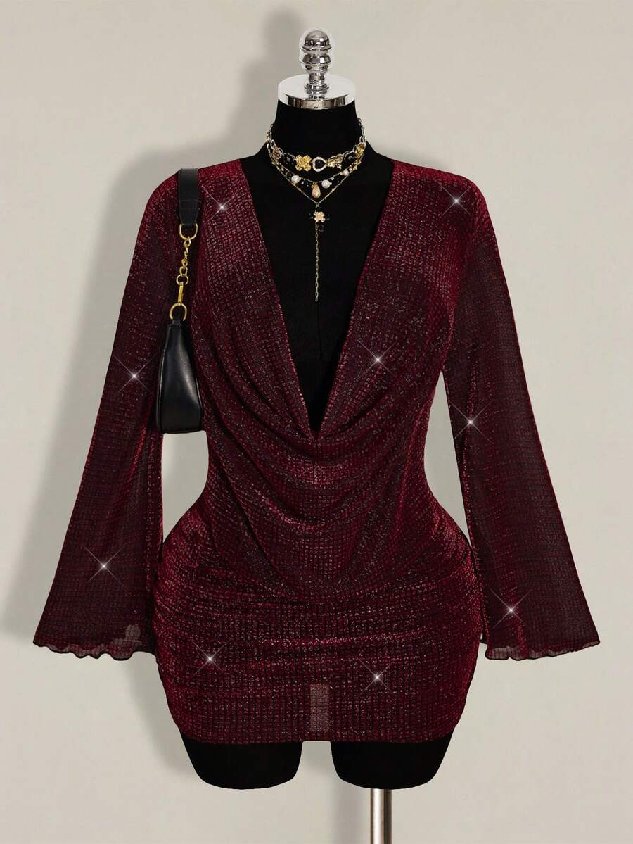 SHEIN ICON Plus Size Women's Plunging Neck Burgundy Mini Party Cocktail Cocktail Dress Outfit Women Sparkly Dress Autumn Sexy Fall | SHEIN