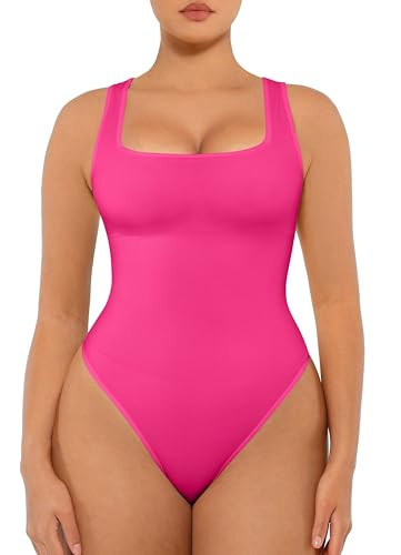FeelinGirl Bodysuits for Women Seamless Square Neck Tummy Control Compression Thong Shapewear Bodysuit Rose Red 5XL | Amazon (US)
