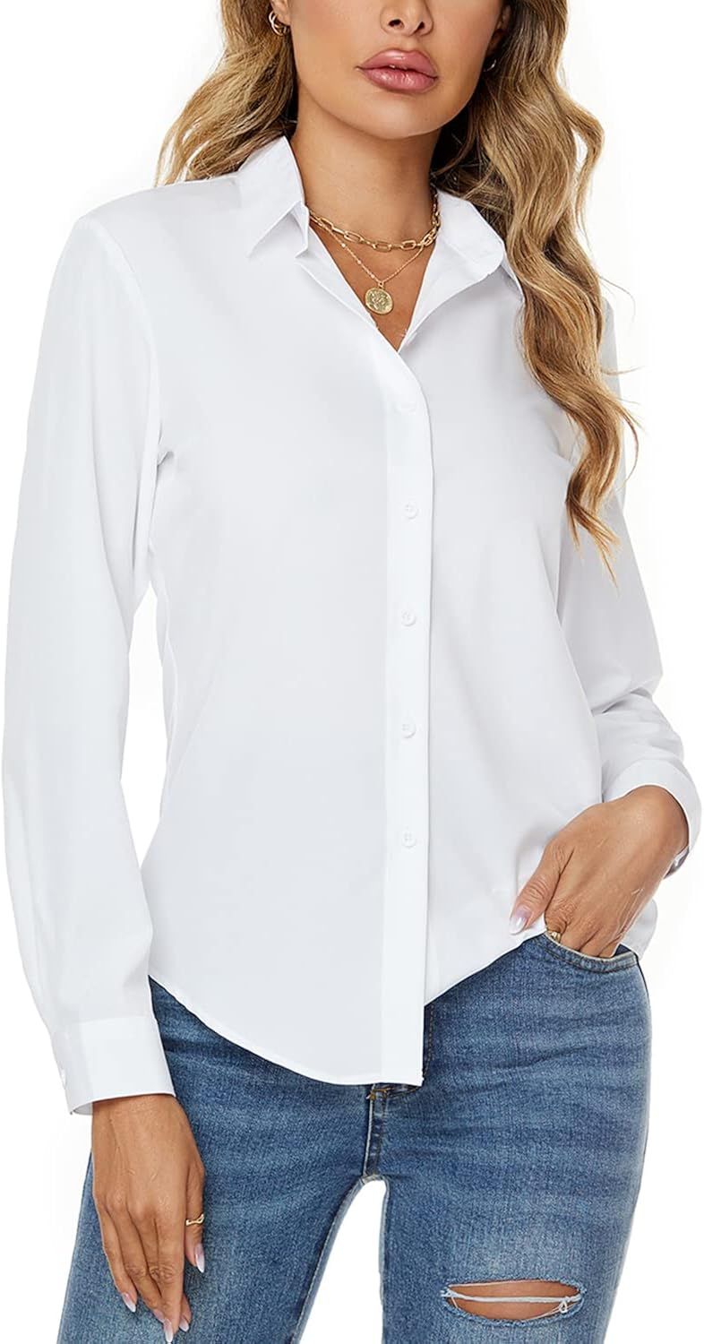 jonivey Women Stretch Button Down Shirt Long Sleeve Basic Work Formal Casual Blouse | Amazon (US)