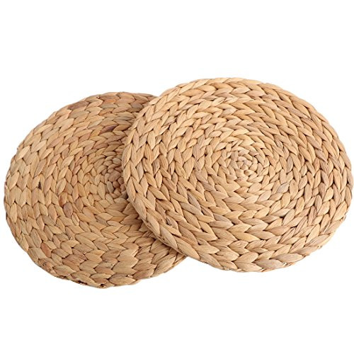 kilofly 2pc Natural Water Hyacinth Weave Placemat Round Braided Rattan Tablemats, 11 inch | Amazon (US)