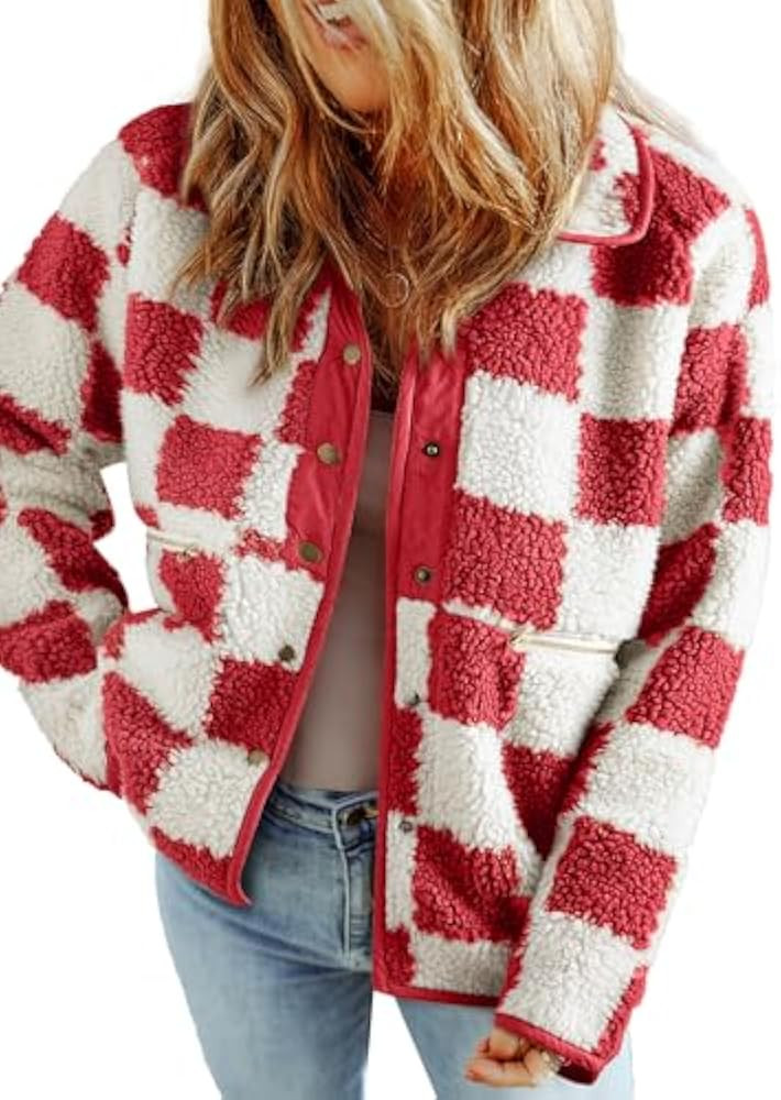 SHEWIN Jackets For Women Causal Sherpa Fall Jacket Loose Button Down Plaid Winter Coats | Amazon (US)