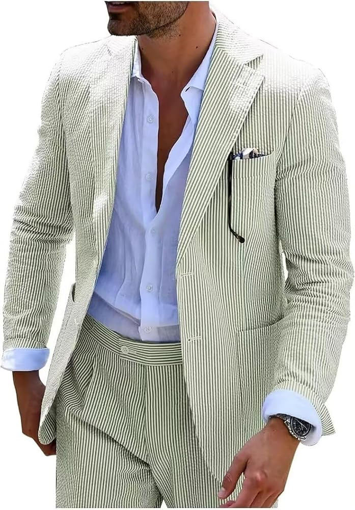 Mens Seersucker Suit Slim Fit Suits for Men Summer Striped Wedding Prom Party Dinner 2 Piece Dail... | Amazon (US)