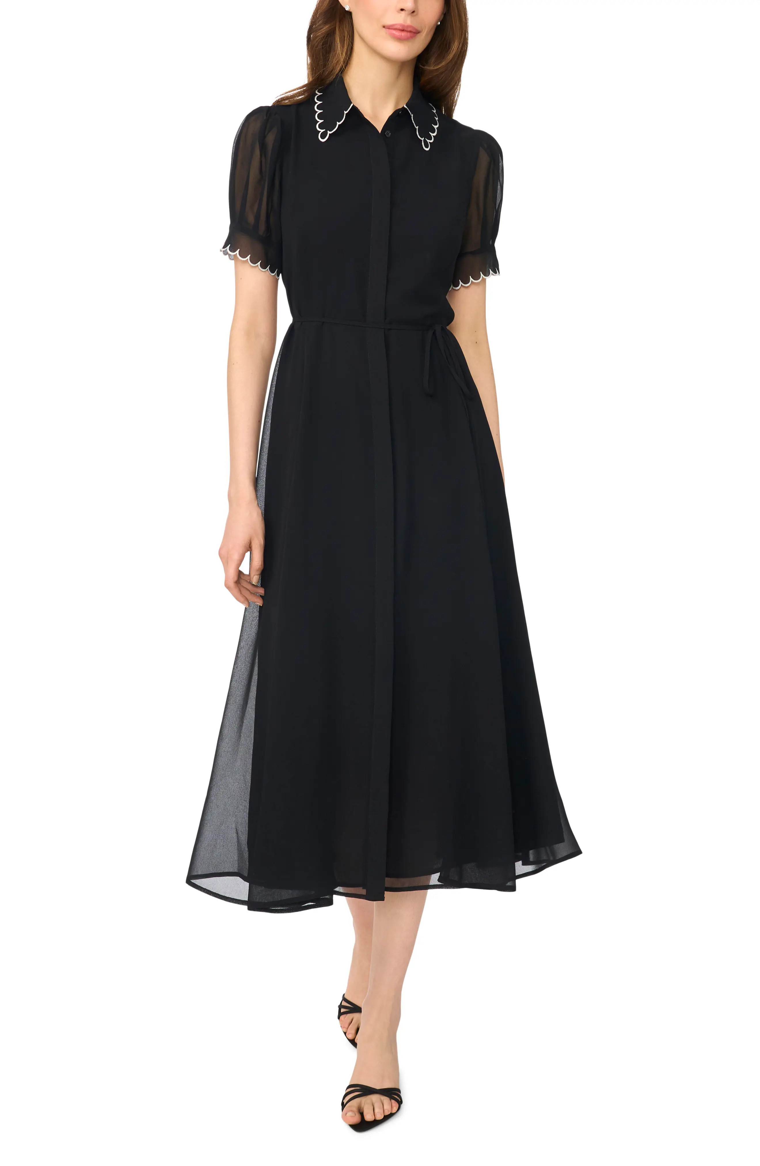 CeCe Scalloped Contrast Stitch Shirtdress in Rich Black at Nordstrom, Size Medium | Nordstrom