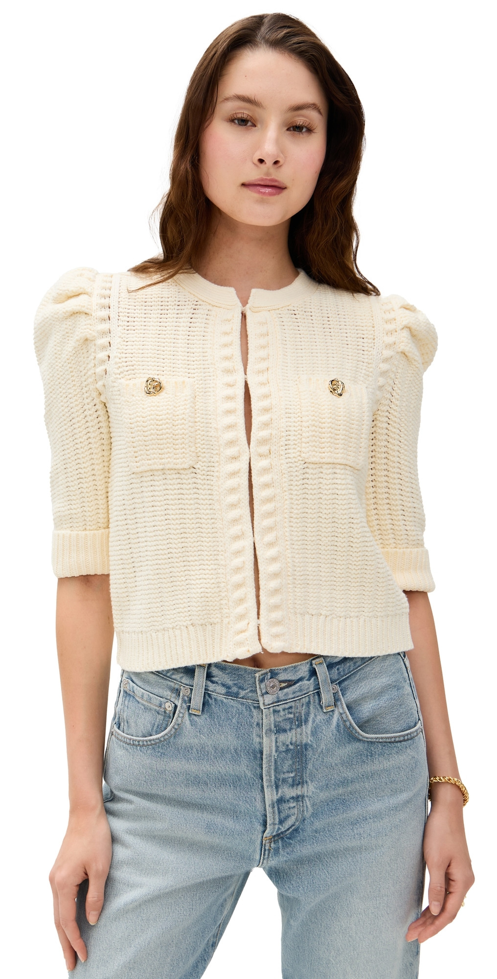 L'AGENCE Delilah Crop Textured Cardigan Vintage White/Gold Knot S | Shopbop