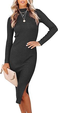 ANRABESS Women's Ribbed Long Sleeve Sweater Dress High Neck Slim Fit Knitted Midi Dress A308-heis... | Amazon (US)