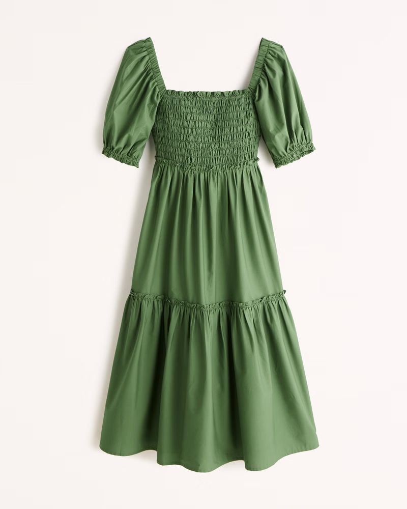Women's Puff Sleeve Smocked Bodice Midi Dress | Women's New Arrivals | Abercrombie.com | Abercrombie & Fitch (US)