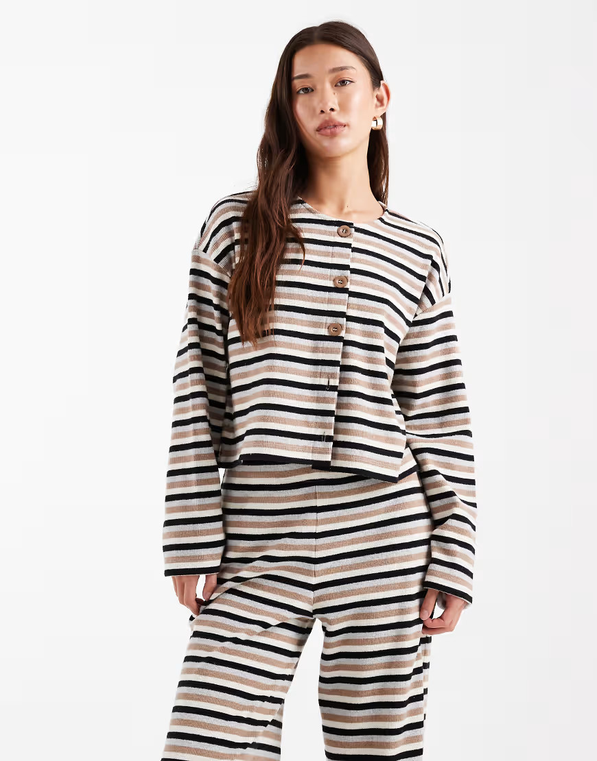 Miss Selfridge striped brushed rib knit cardigan - part of a set-Neutral | ASOS (Global)